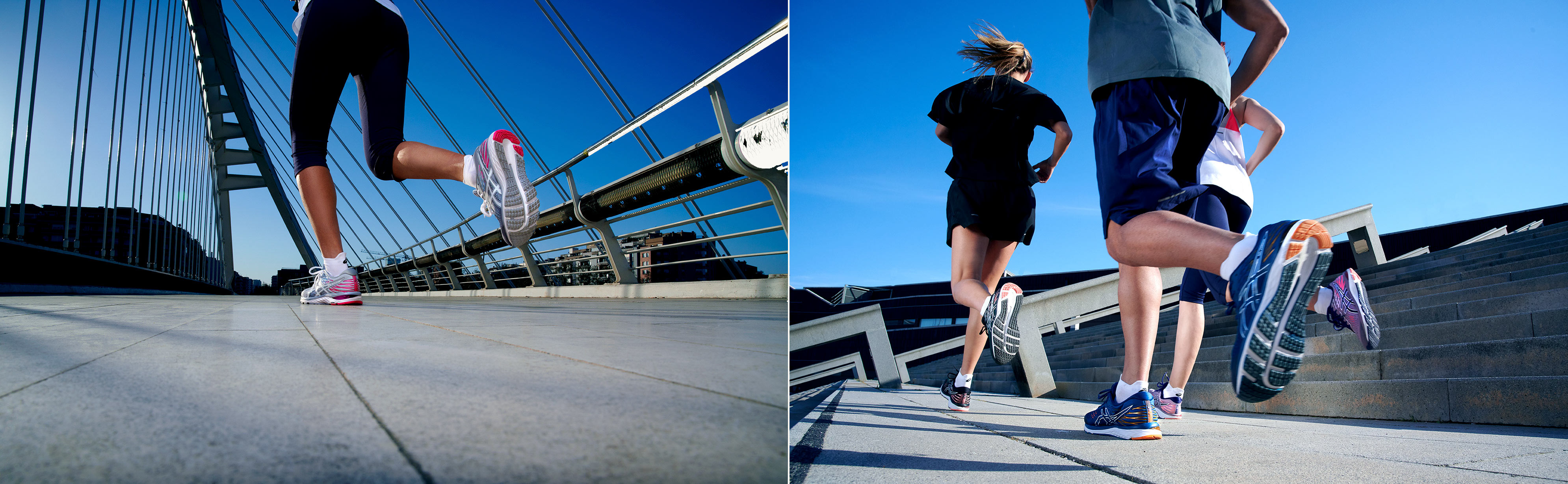 Good Boy Wolf Photographer, filmic portrait,  group of runners running along some stairs for Asics 