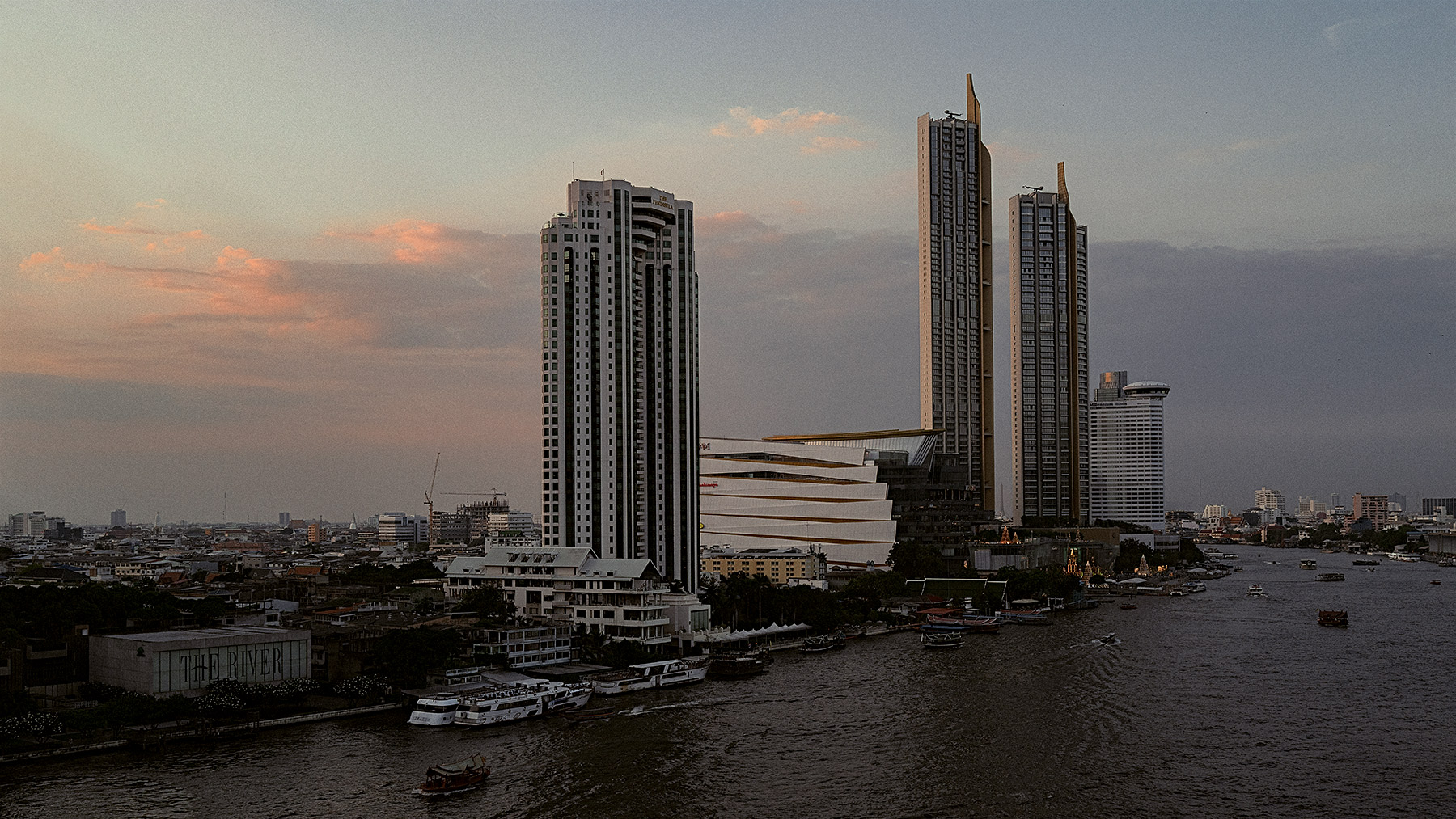 Good Boy Wolf Photographer, filmic landscape, Bangkok skyline, high rise buildings 