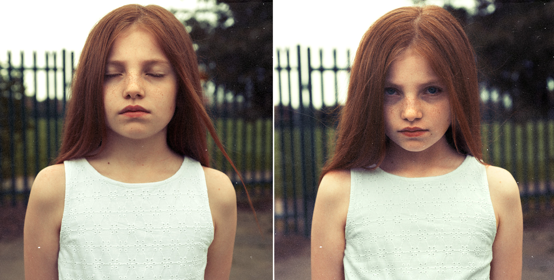 Good Boy Wolf Photographer, filmic portrait,  young girl with her eyes open and then closed 