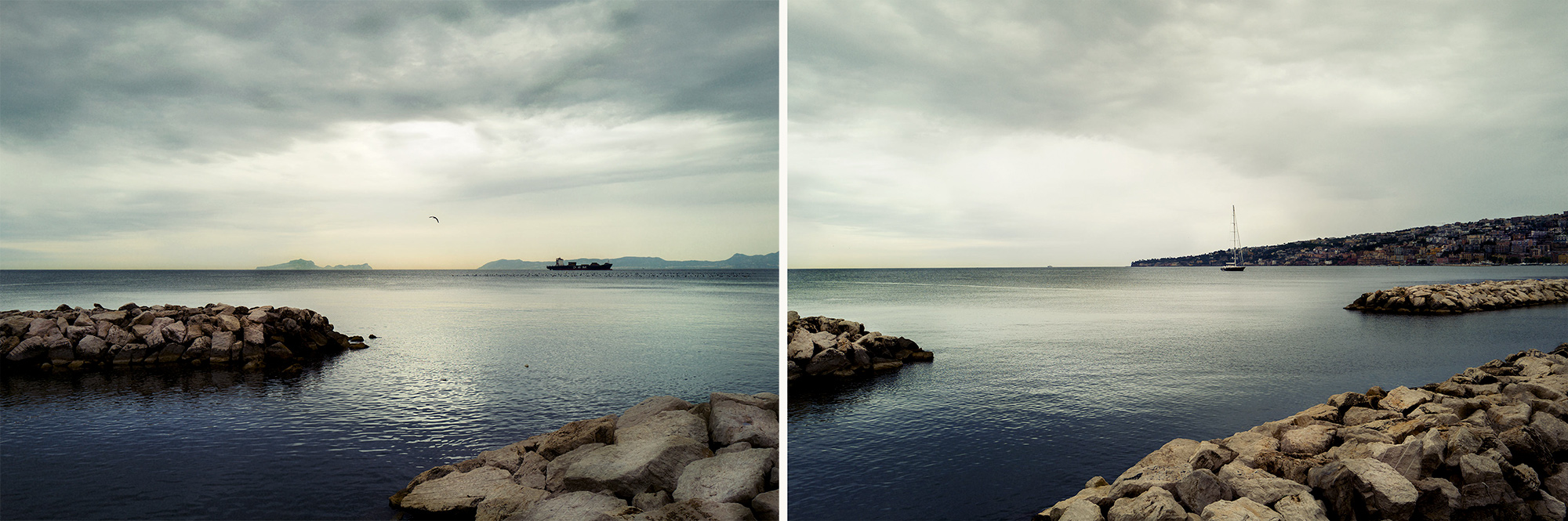 Good Boy Wolf Photographer, filmic landscape,  Napoli land and sea, tranquil water 