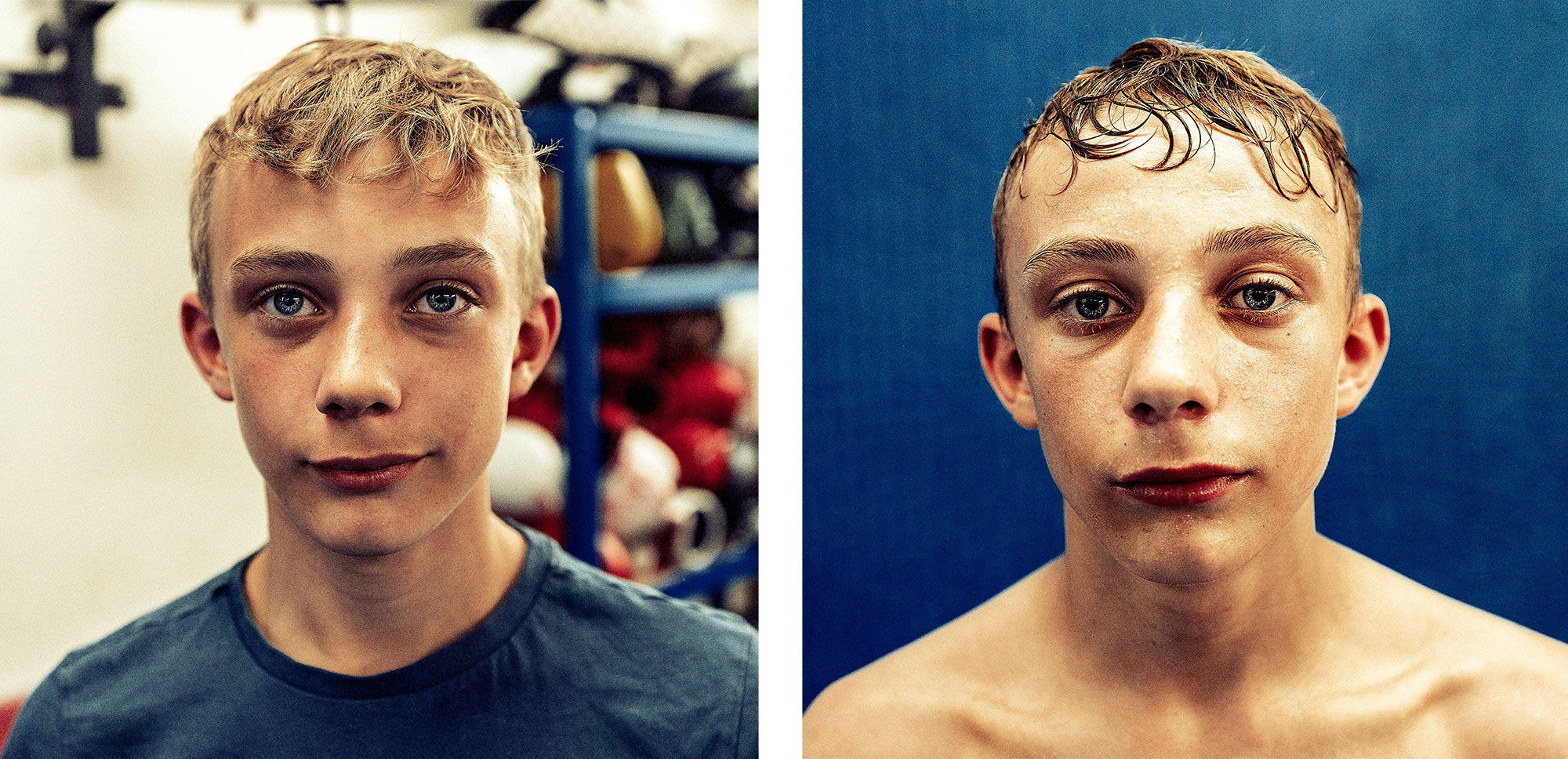 Good Boy Wolf Photographer, filmic portrait, kickboxer sweaty and hot after training 